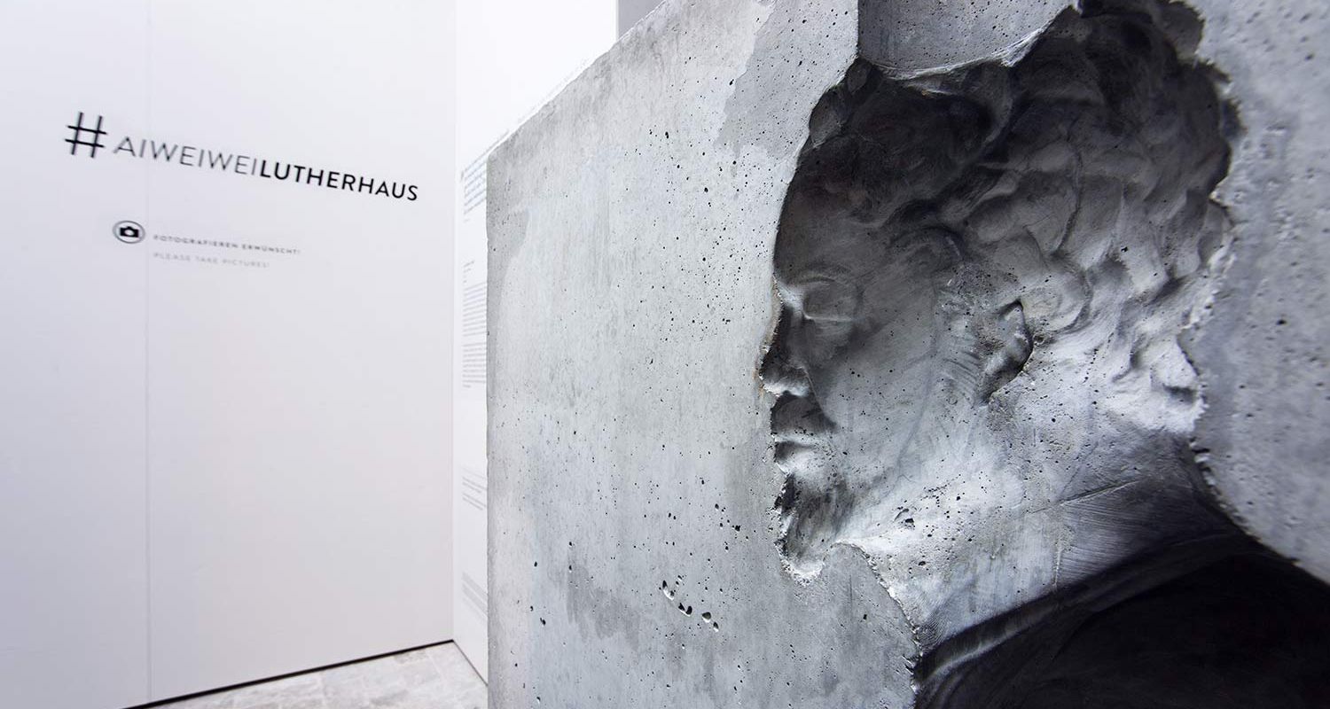 Lutherhaus Eisenach, Detail of the sculpture man in a cube by Ai Weiwei at Lutherhaus Eisenach